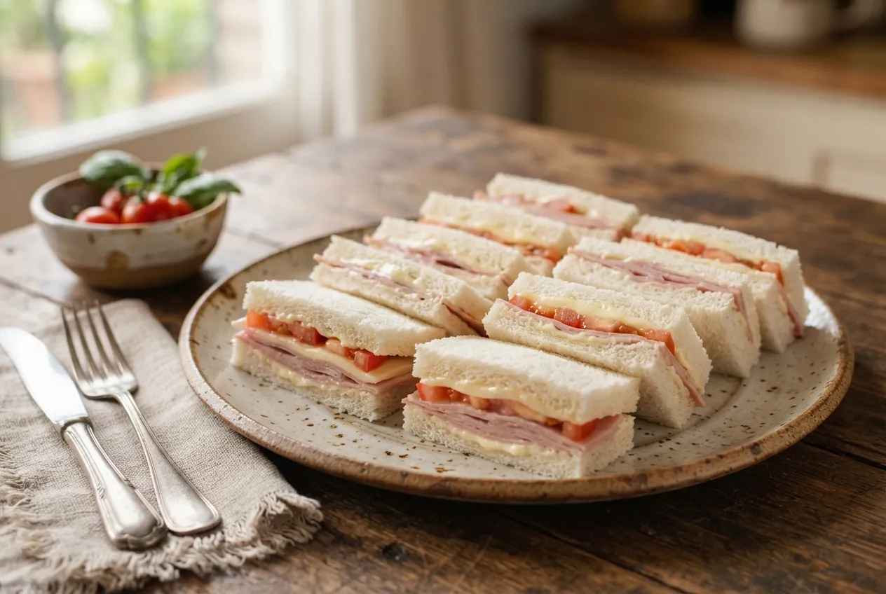 Sándwiches de miga con jamón, queso y tomate para meriendas
