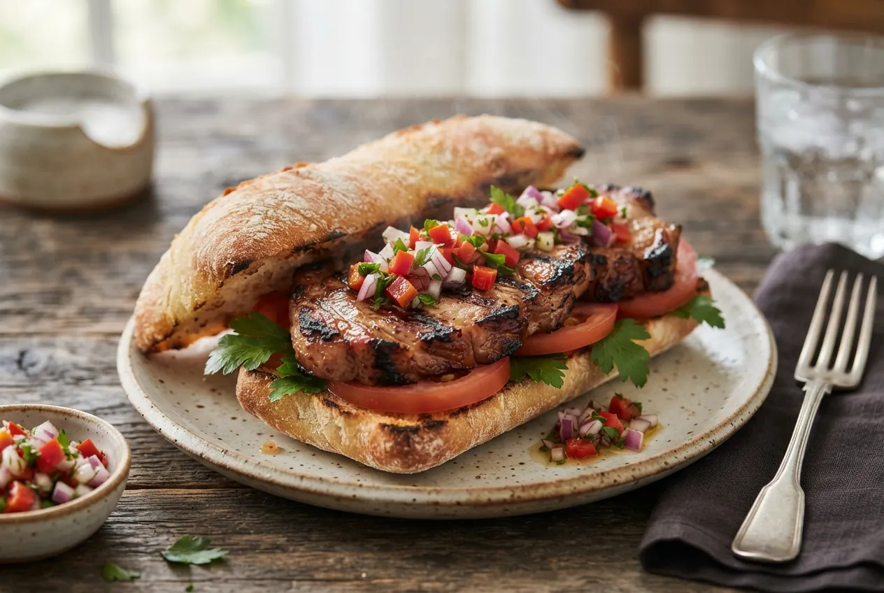 Sánguche de bondiola a la parrilla con salsa criolla