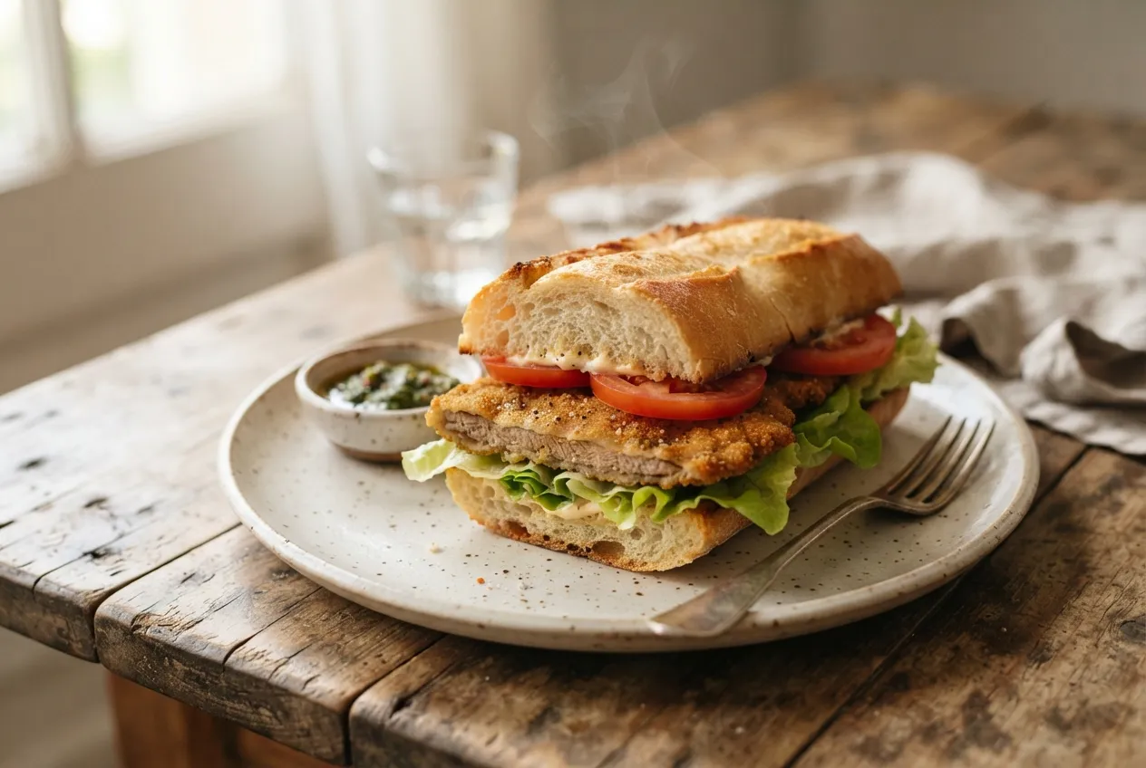Sanguche de milanesa de carne con lechuga y tomate