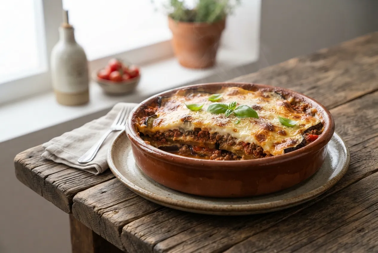 Sartén de moussaka italiana con berenjena y carne