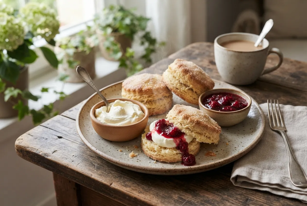 Scones dulces con crema batida y mermelada para desayuno