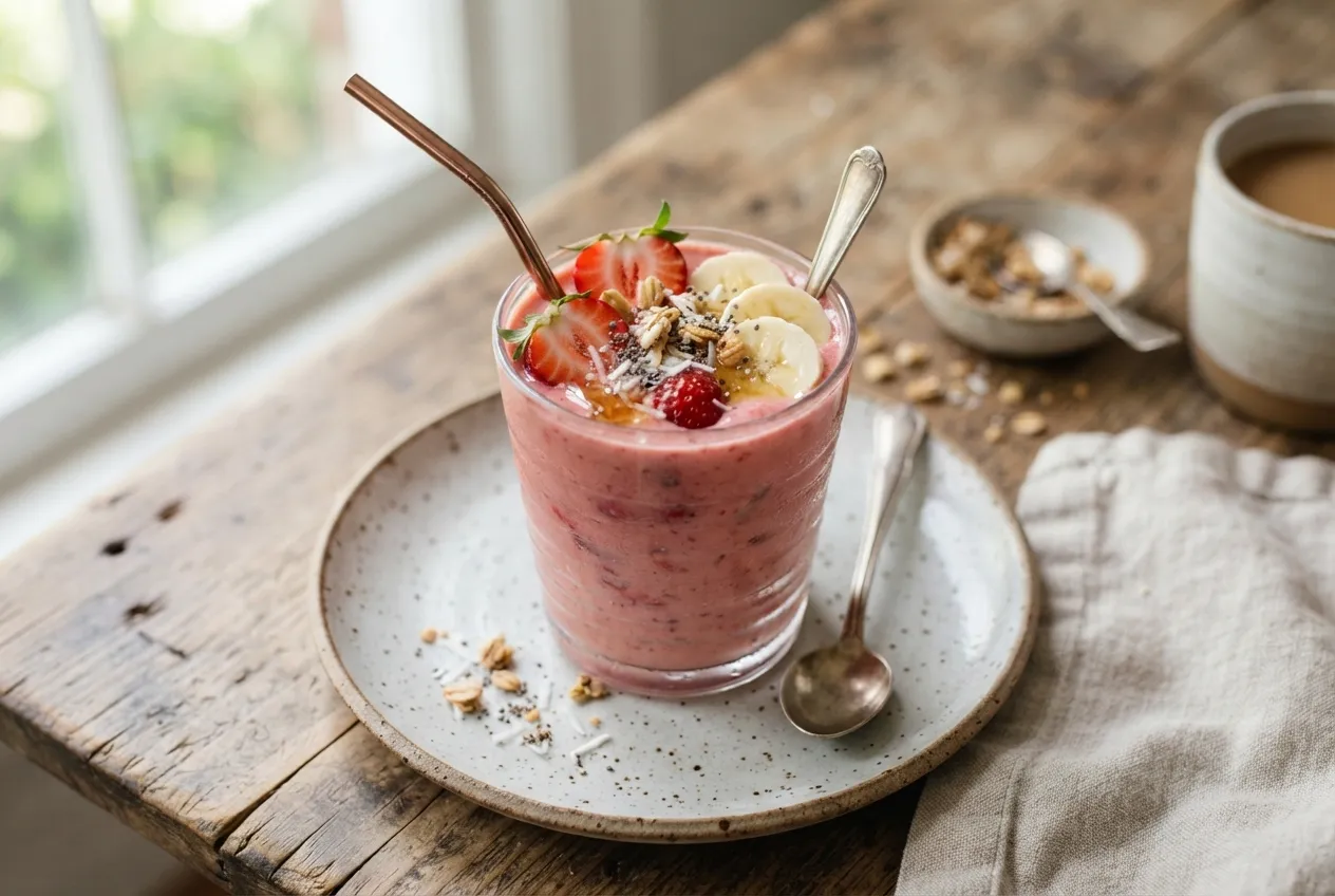 Smoothie de banana y frutilla con yogur para desayuno
