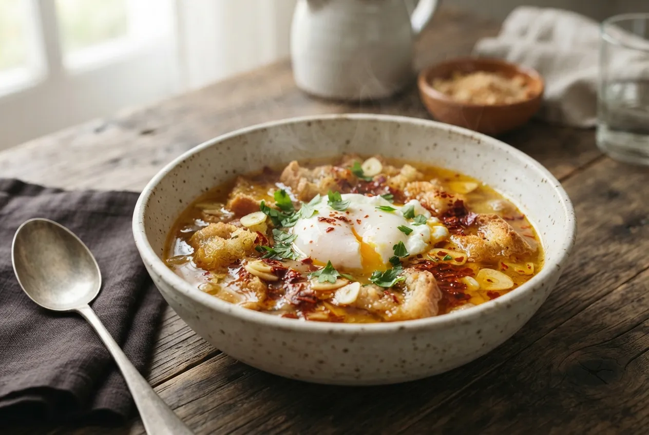 Sopa de ajo castellana con huevo escalfado