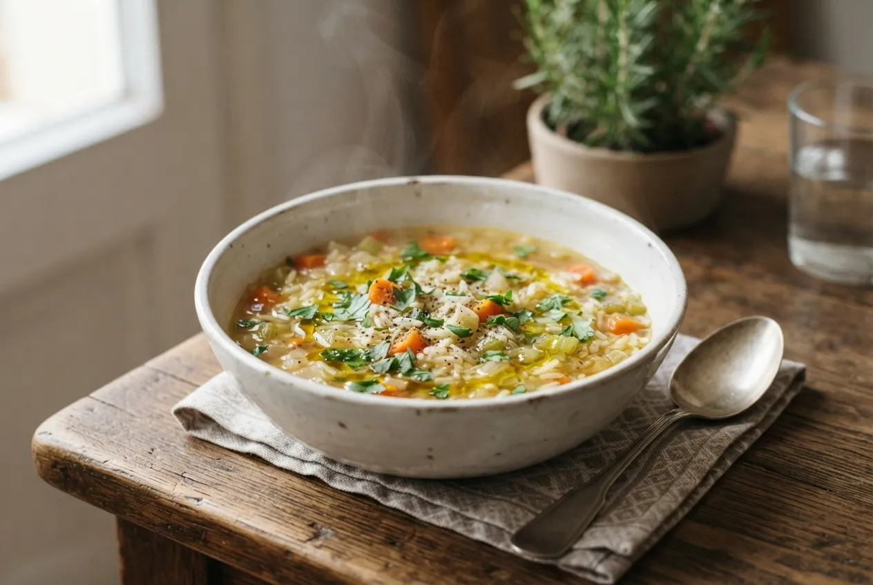 Sopa de arroz y verduras con caldo casero