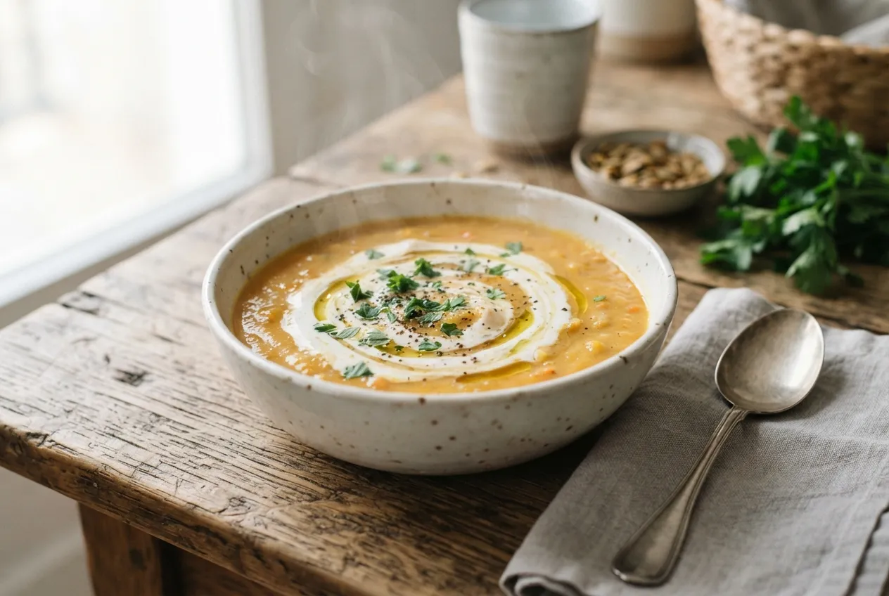 Sopa de calabaza y zanahoria con crema y perejil