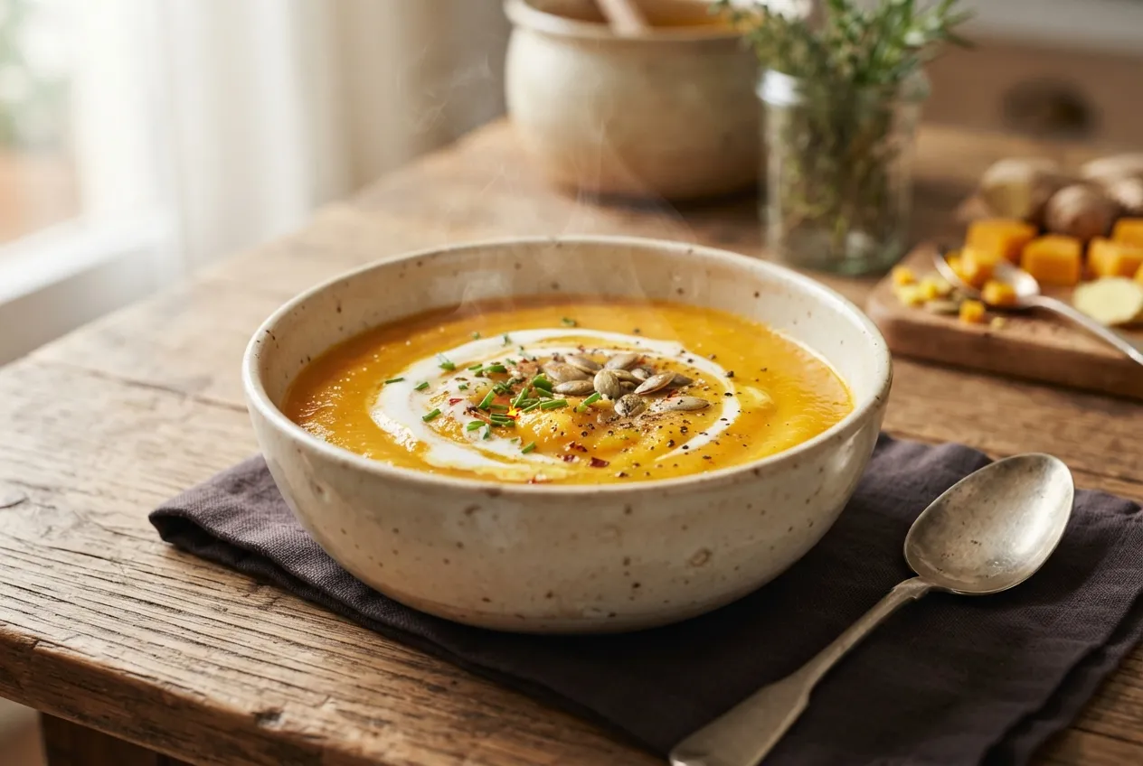 Sopa de calabaza y zanahoria con jengibre y crema