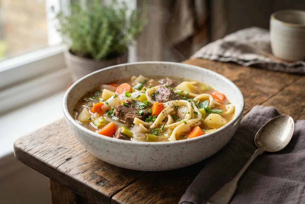 Sopa de carne con verduras y fideos caseros para días fríos