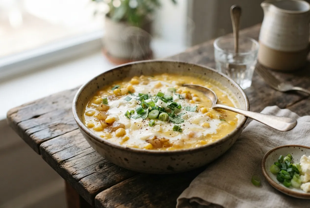 Sopa de choclo cremoso con toque de queso y cebolla