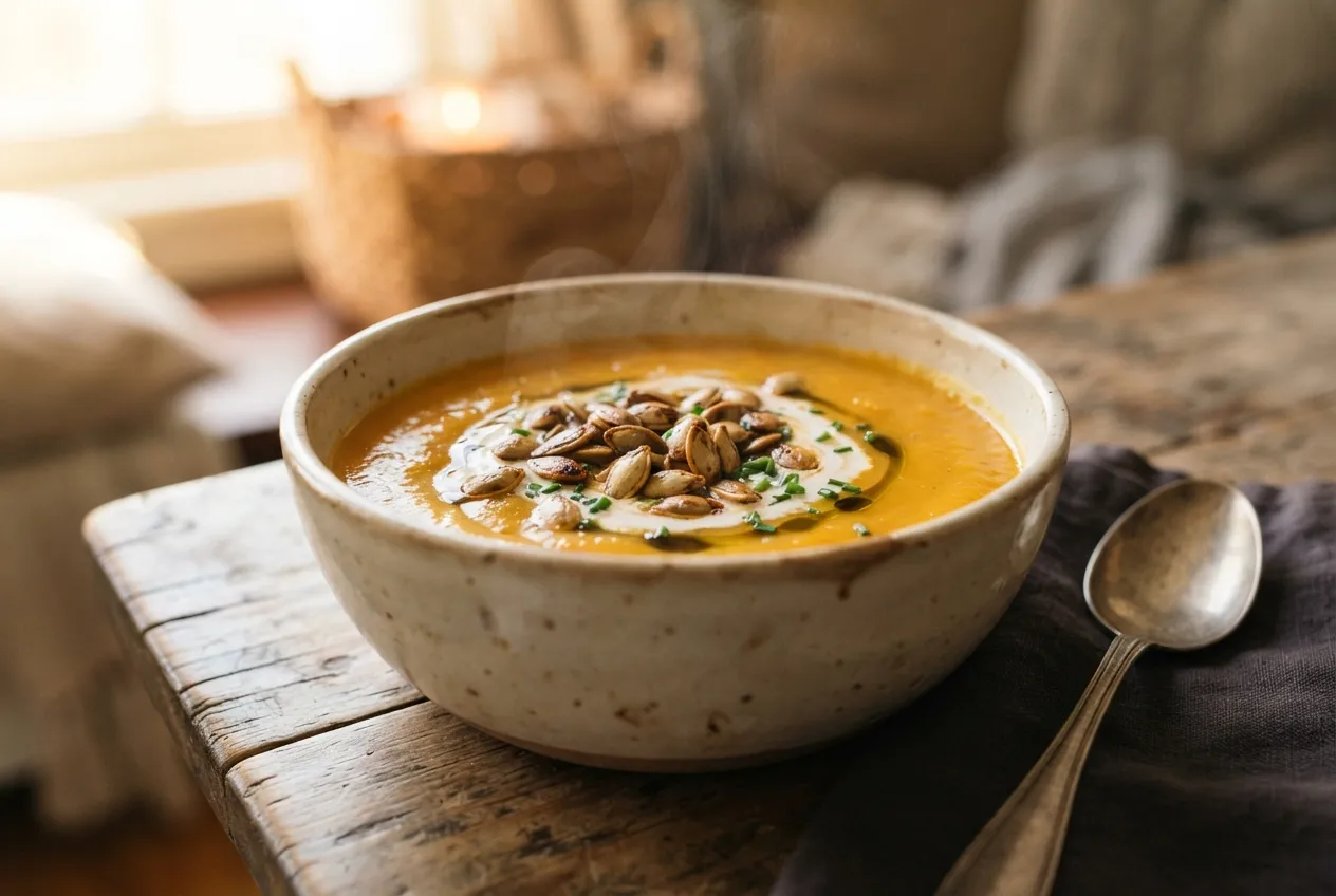 Sopa crema de calabaza con semillas tostadas para noches frías