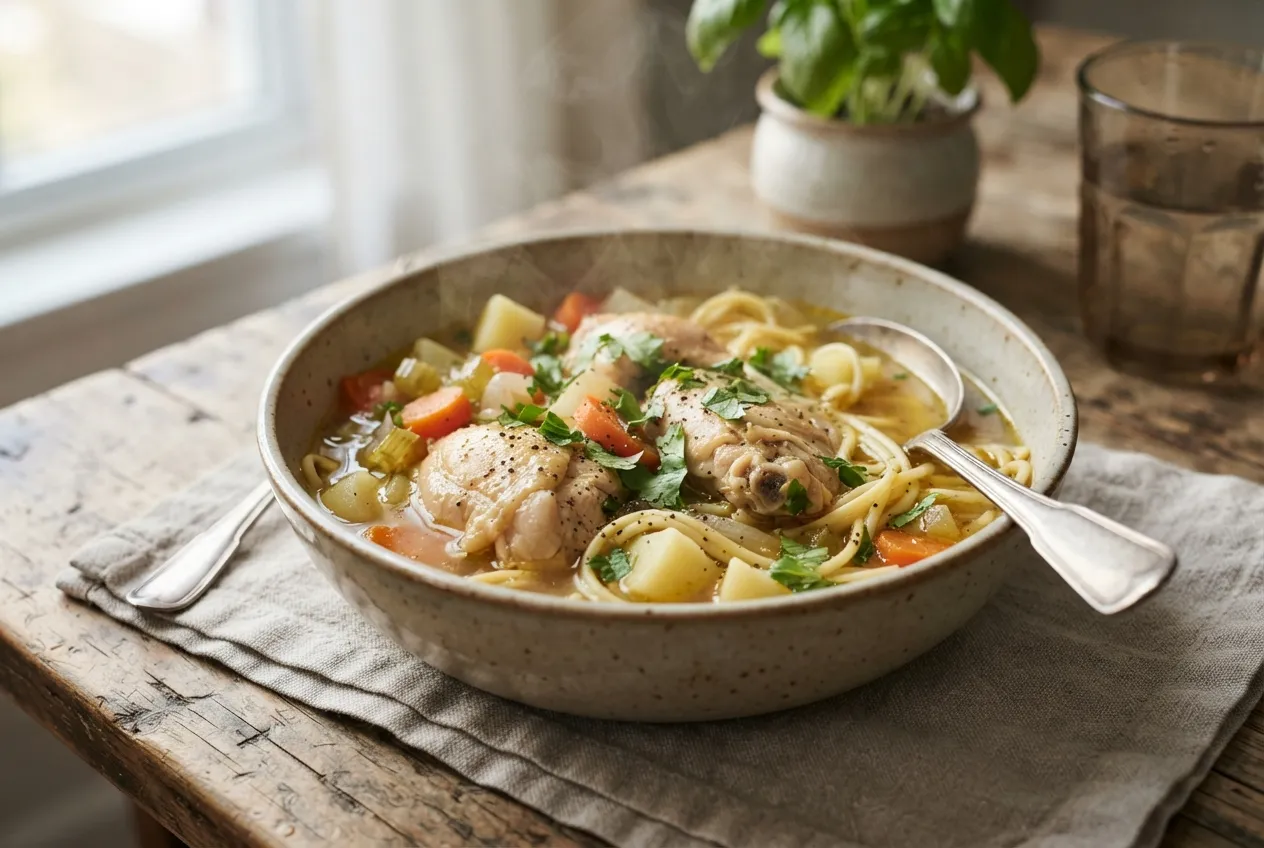 Sopa de fideos casera con pollo, verduras y hierbas