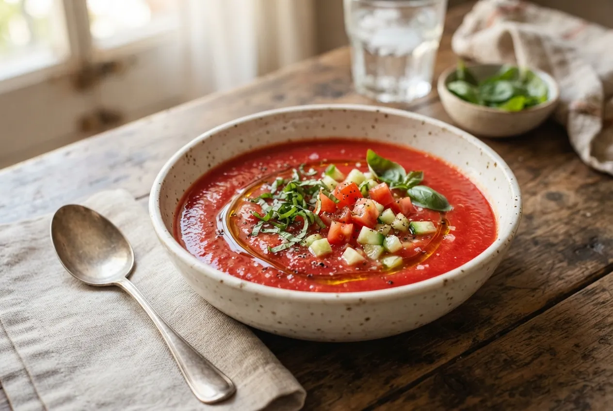Sopa fría de tomate, albahaca y pepino para verano