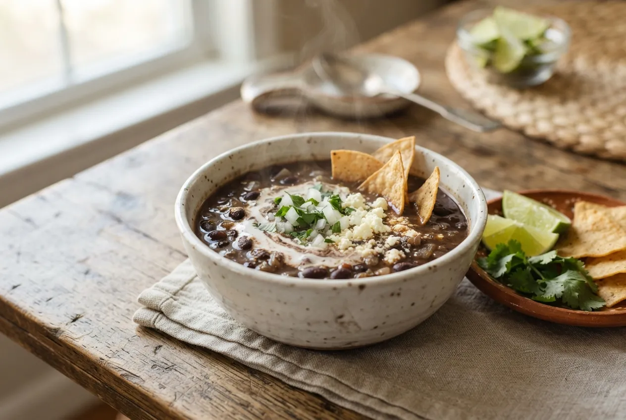 Sopa de frijol negro estilo mexicano con chips de tortilla
