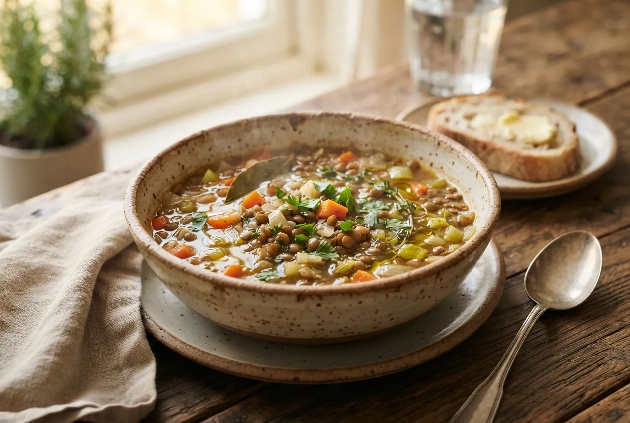 Sopa de lentejas con verduras y especias aromáticas
