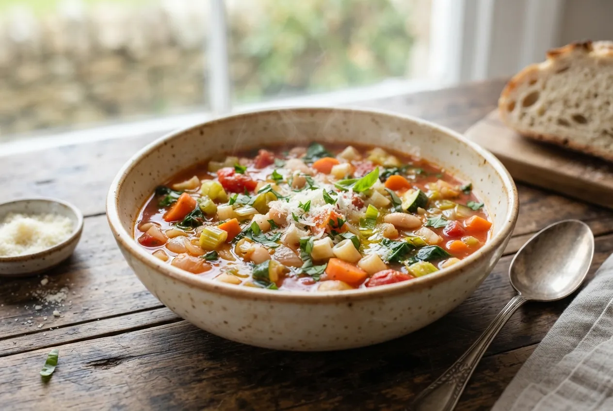 Sopa minestrone tradicional italiana con verduras frescas