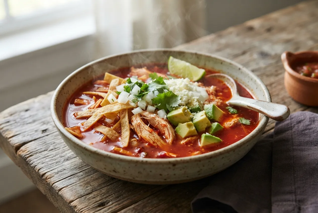 Sopa de tortilla con pollo y aguacate para días fríos