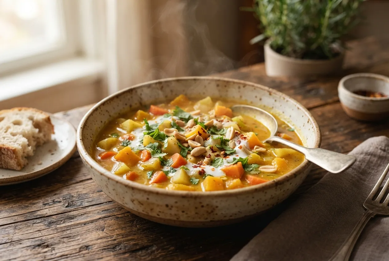 Sopa de verduras al curry y maní para días frescos