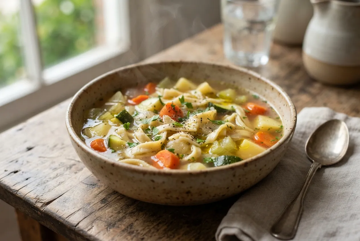 Sopa de verduras con fideos caseros y caldo natural