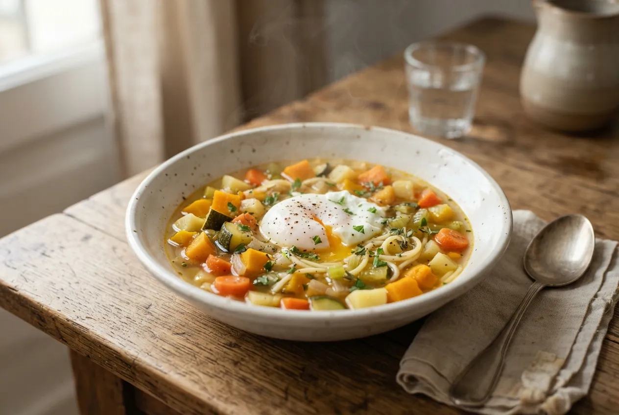 Sopa de verduras con fideos y huevo poché