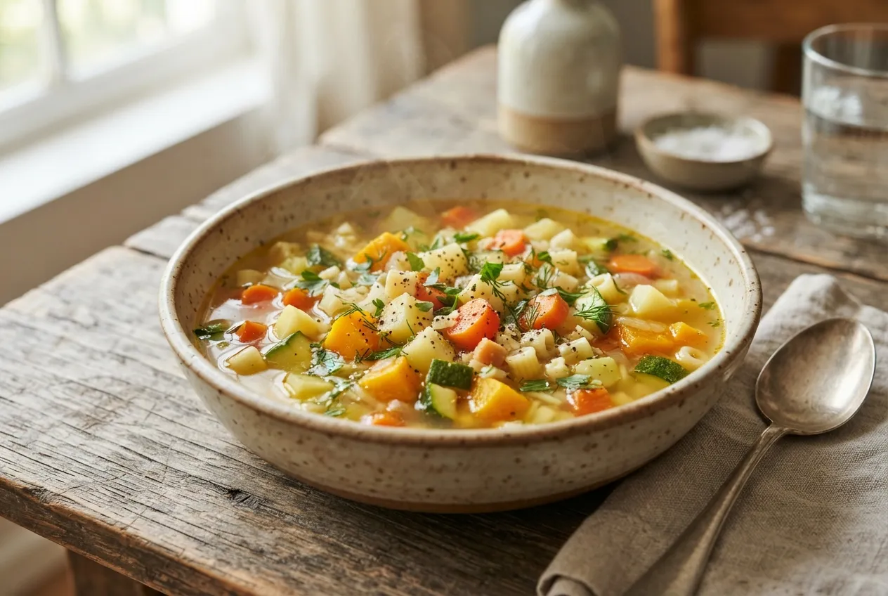 Sopa de verduras frescas con caldo casero y fideos cortos