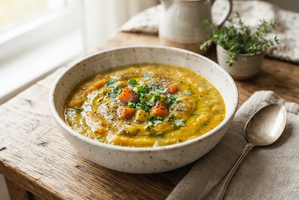 Sopa de zapallitos, puerro y calabaza con hierbas frescas