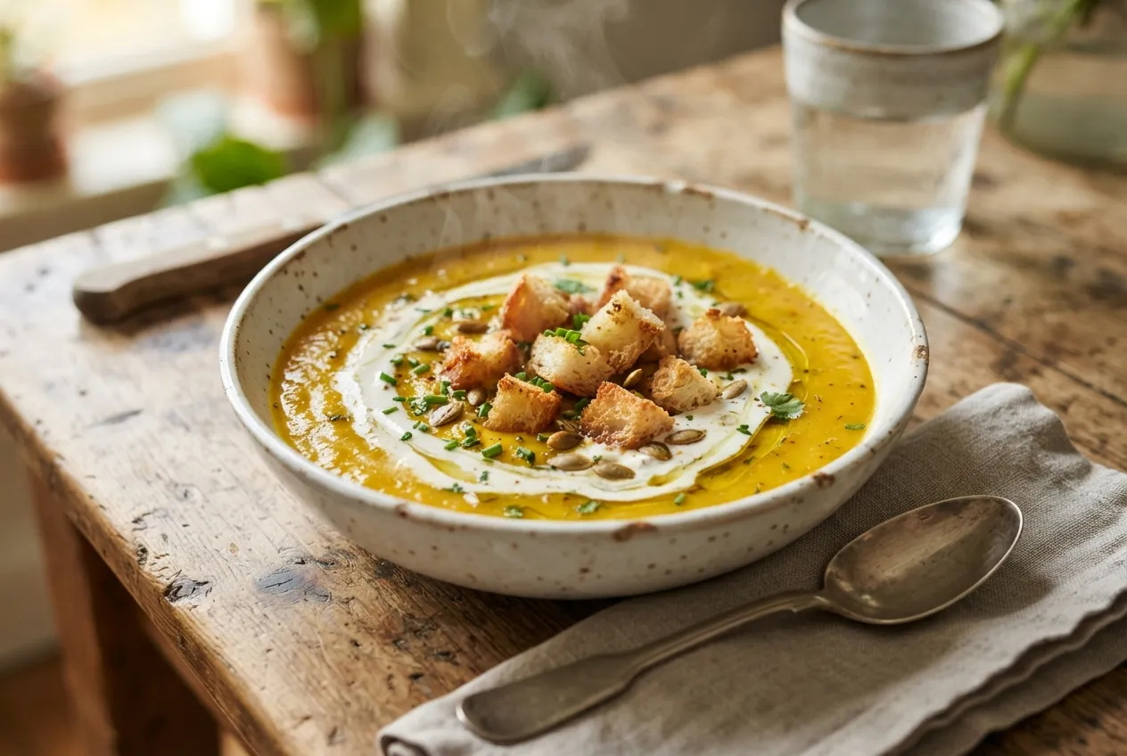 Sopa de zapallo con crema y croutons caseros
