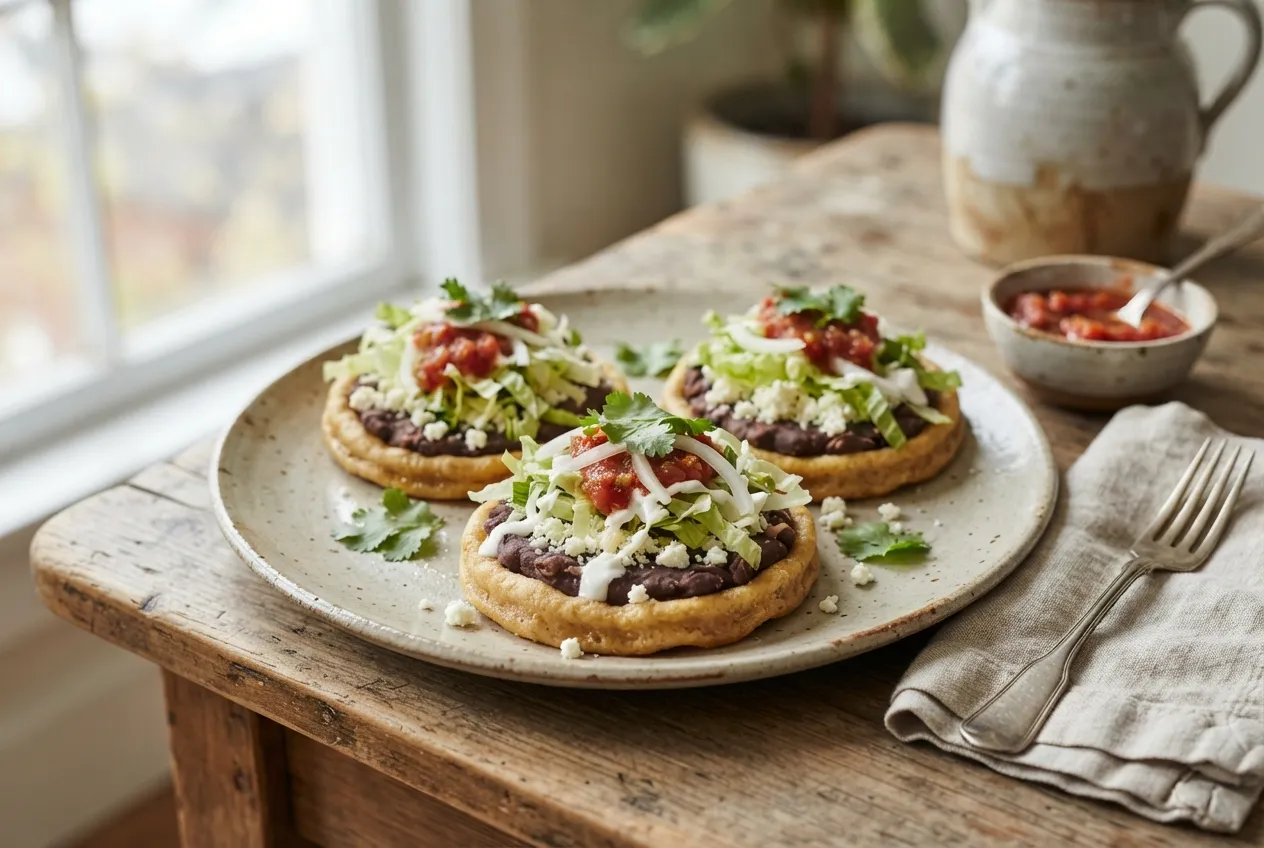 Sopes mexicanos con frijoles, queso y salsa casera