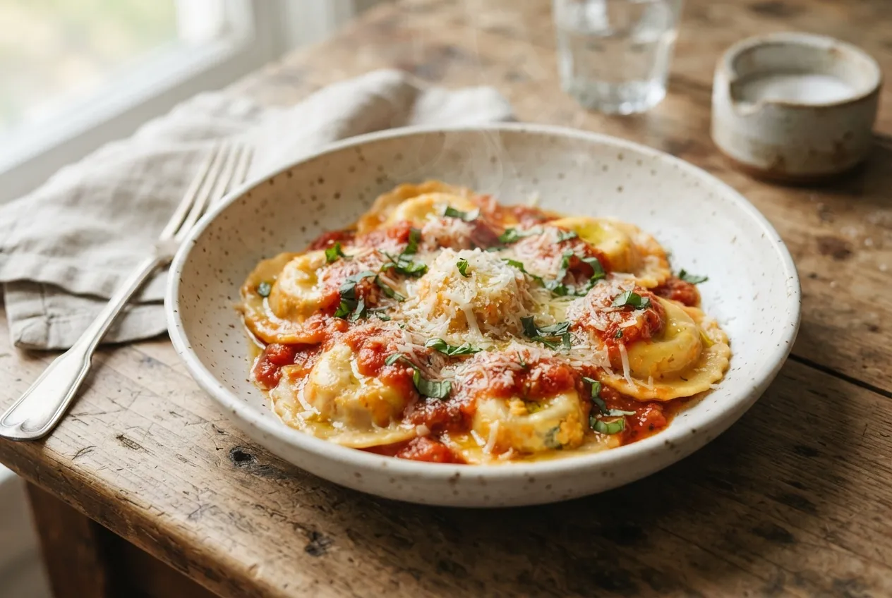 Sorrentinos de calabaza con salsa pomarola y parmesano