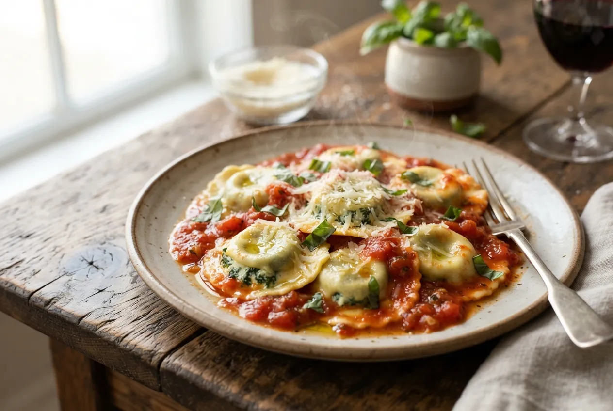 Sorrentinos caseros de espinaca y ricota con salsa de tomate
