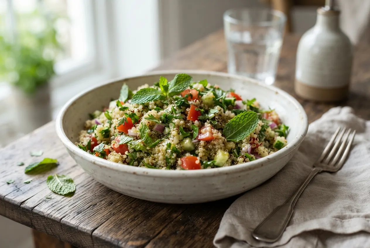 Tabulé con quinoa, tomate, pepino y perejil fresco