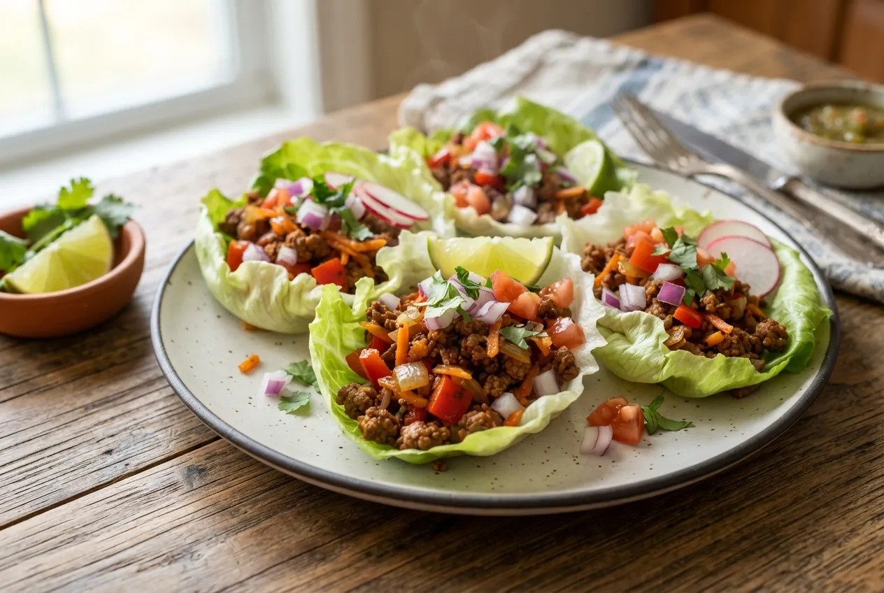 Tacos de lechuga con carne magra y vegetales frescos