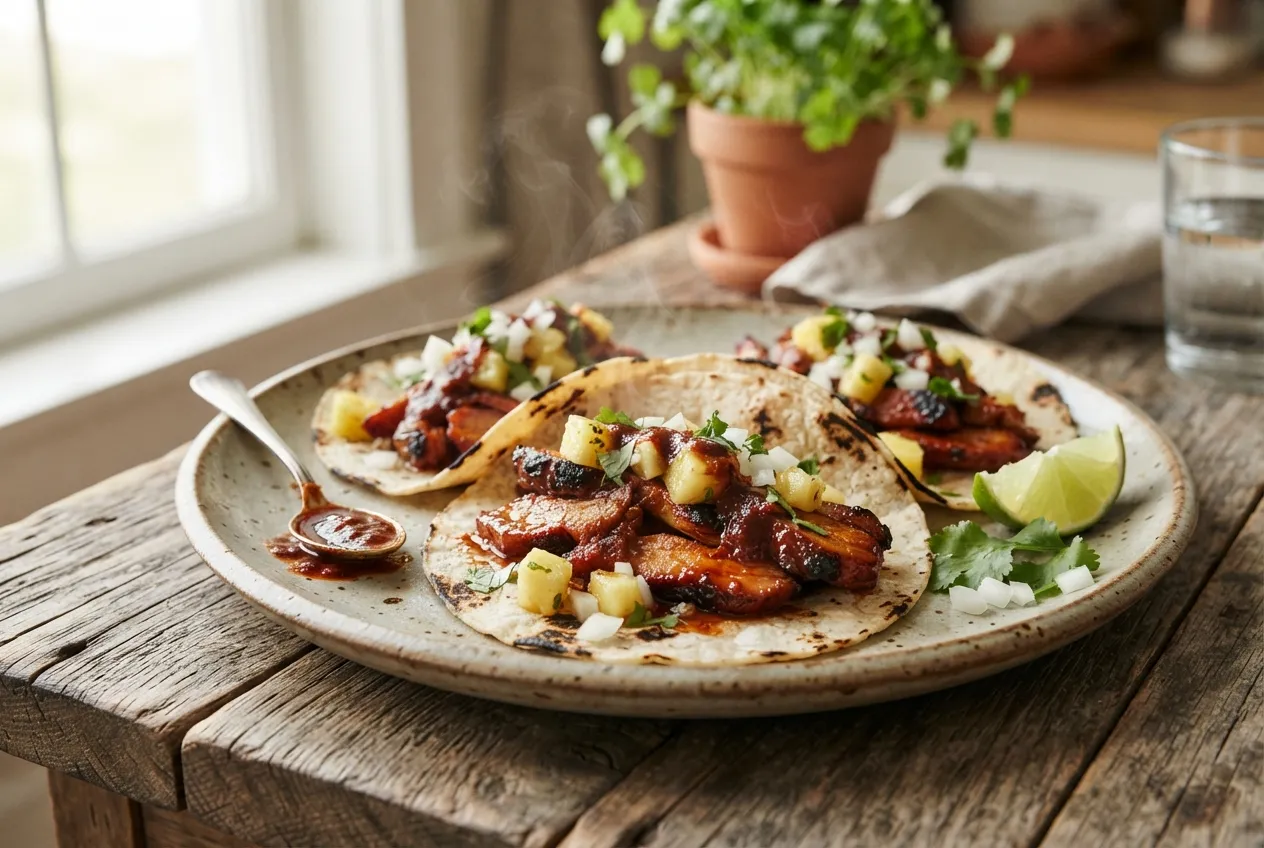 Tacos al pastor con piña y salsa de chile rojo casera