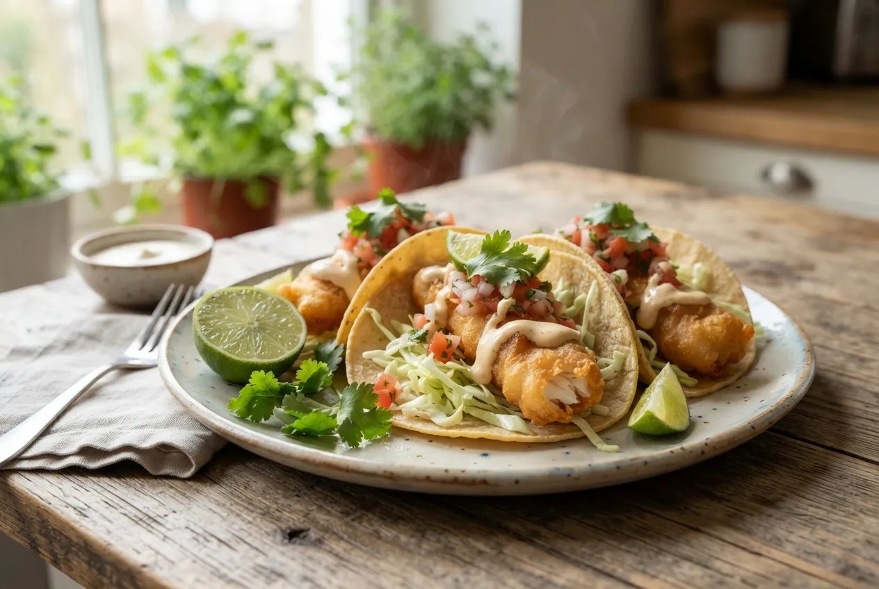 Tacos de pescado estilo Baja con salsa de mayonesa y limón