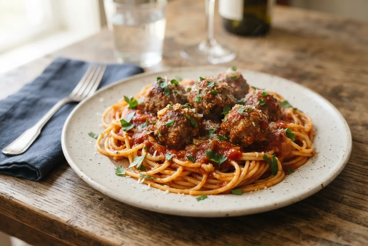 Tallarines con albóndigas de carne en salsa casera