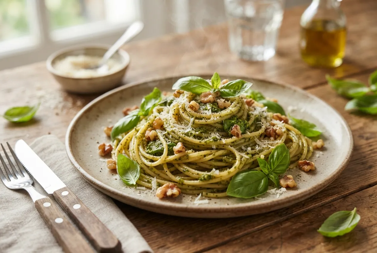 Tallarines al pesto con albahaca fresca y nueces