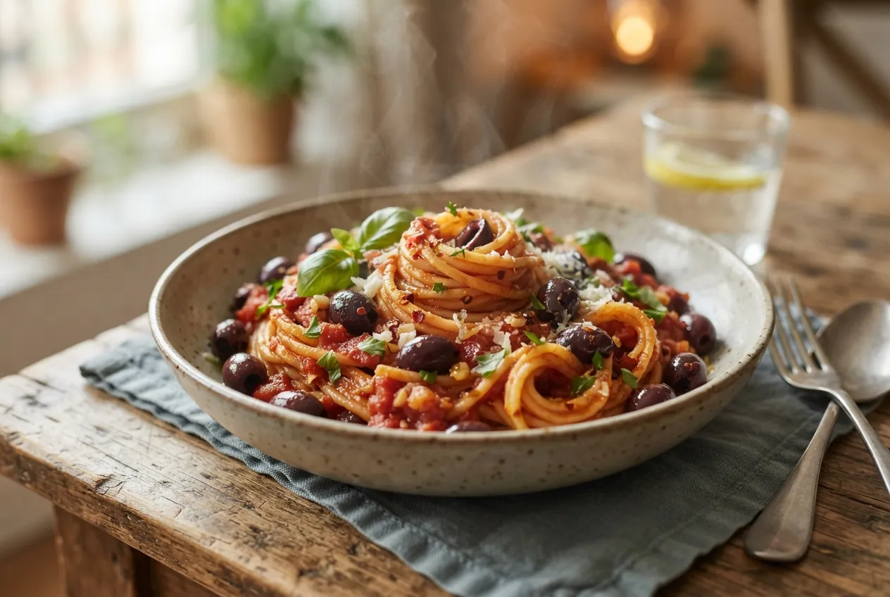 Tallarines con salsa de tomate picante y aceitunas negras