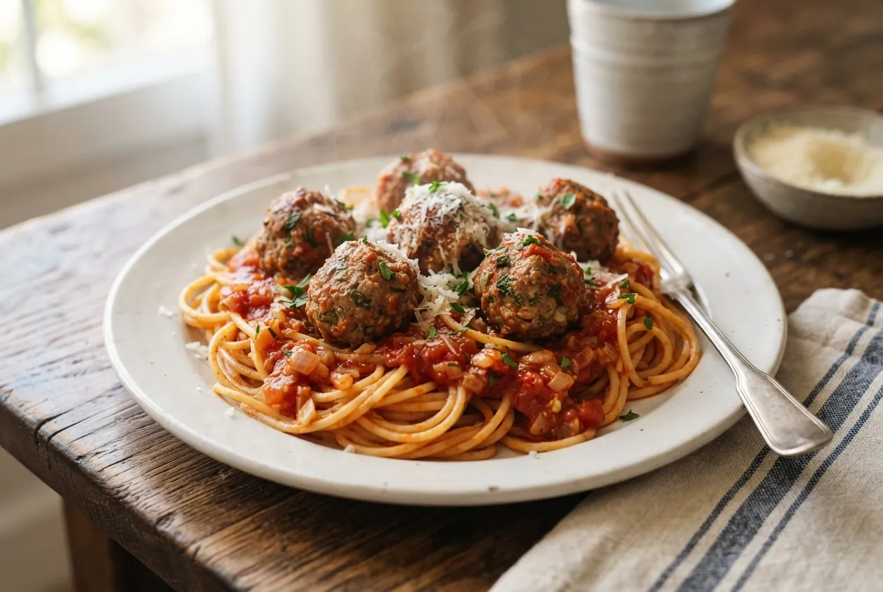 Tallarines con tuco y albóndigas caseras
