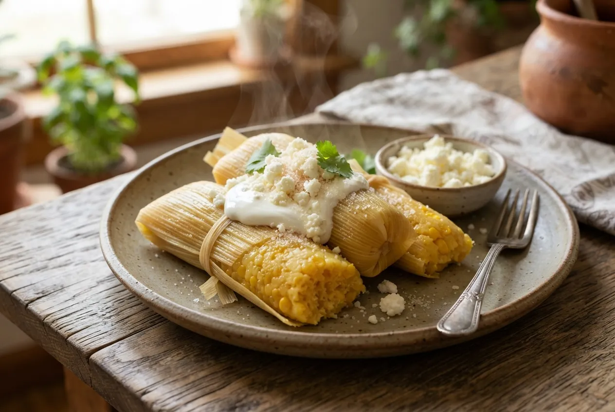 Tamales de elote dulces con crema y queso fresco