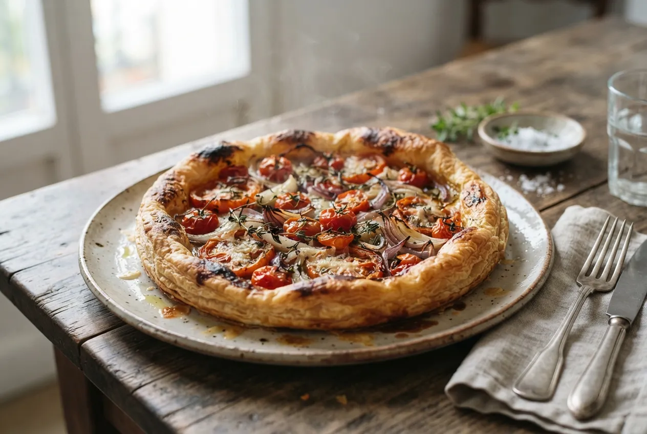 Tarta abierta de tomate y cebolla con masa de hojaldre casera