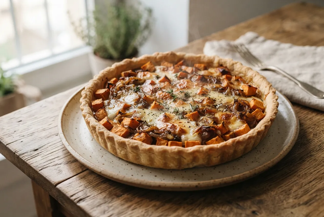 Tarta de batata con cebolla caramelizada y queso
