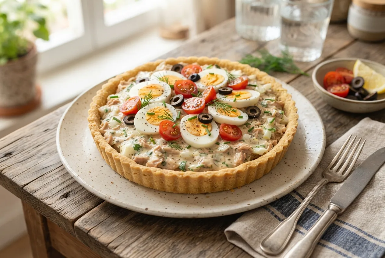 Tarta fría de atún con mayonesa casera y huevo duro