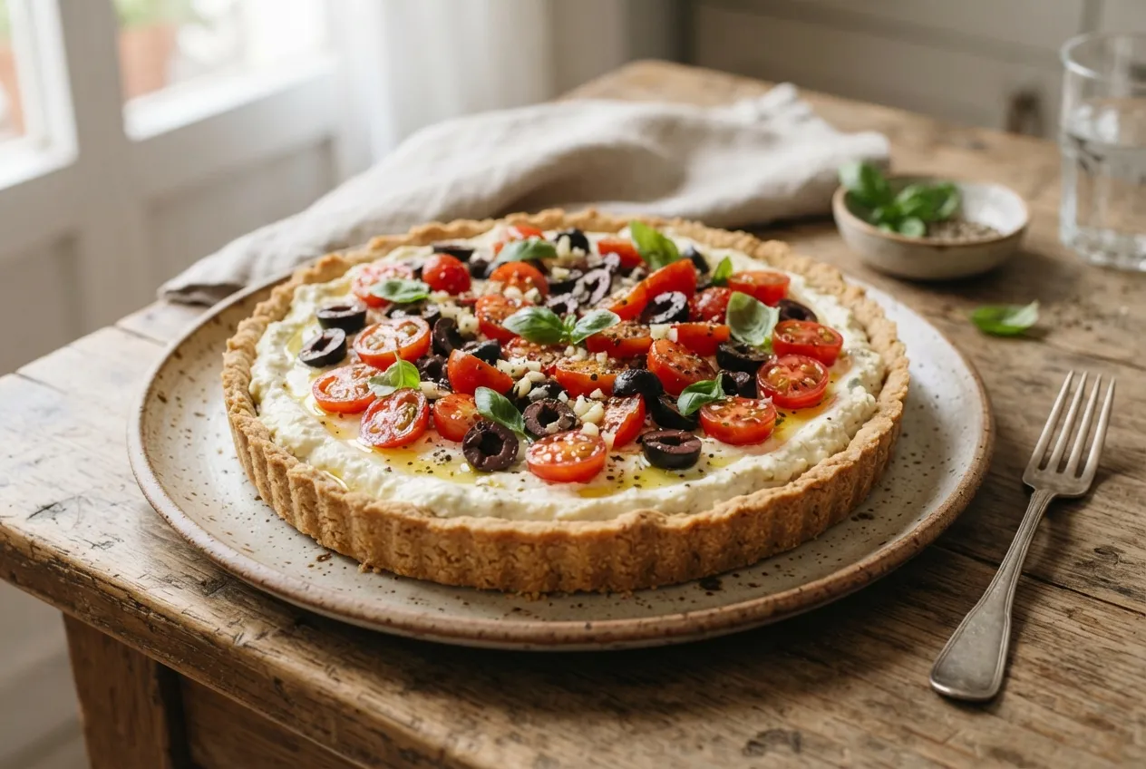 Tarta fría sin horno de ricota, tomate y aceitunas negras