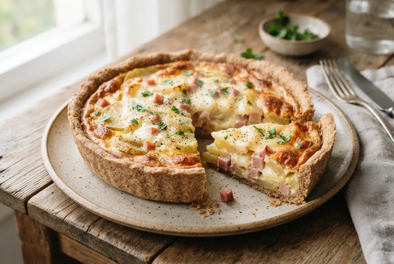 Tarta de papa con jamón y queso con base integral
