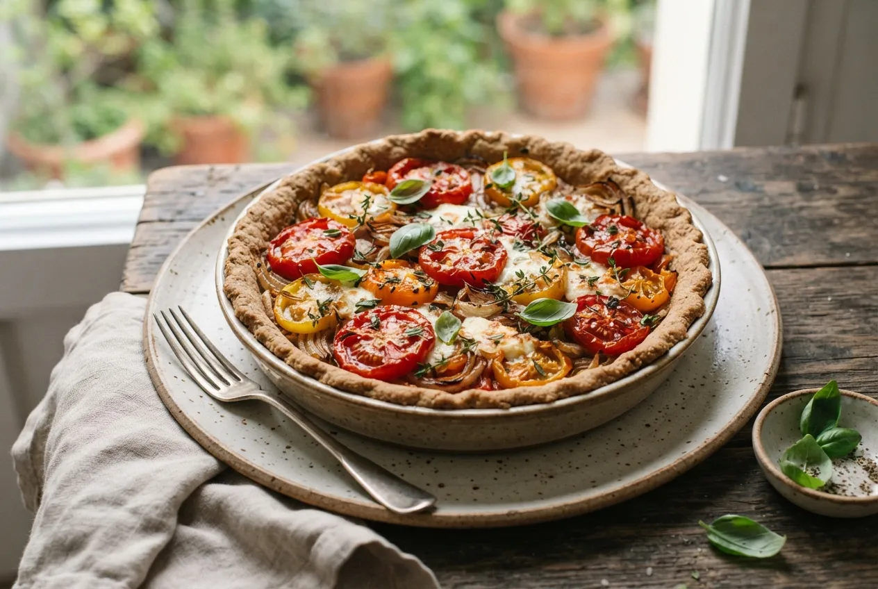 Tarta de tomate con masa integral y queso fresco