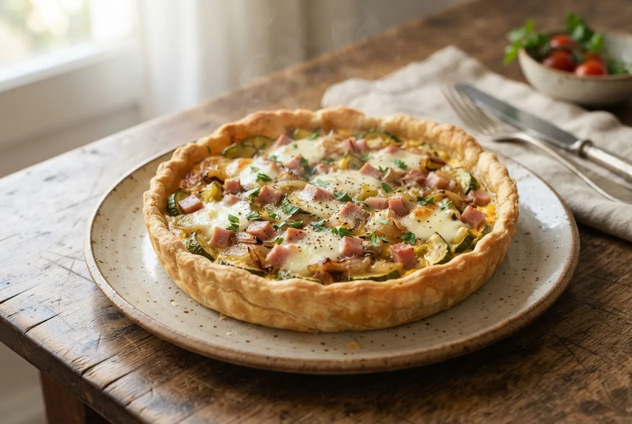 Tarta de zapallitos con jamón y queso para una comida sencilla