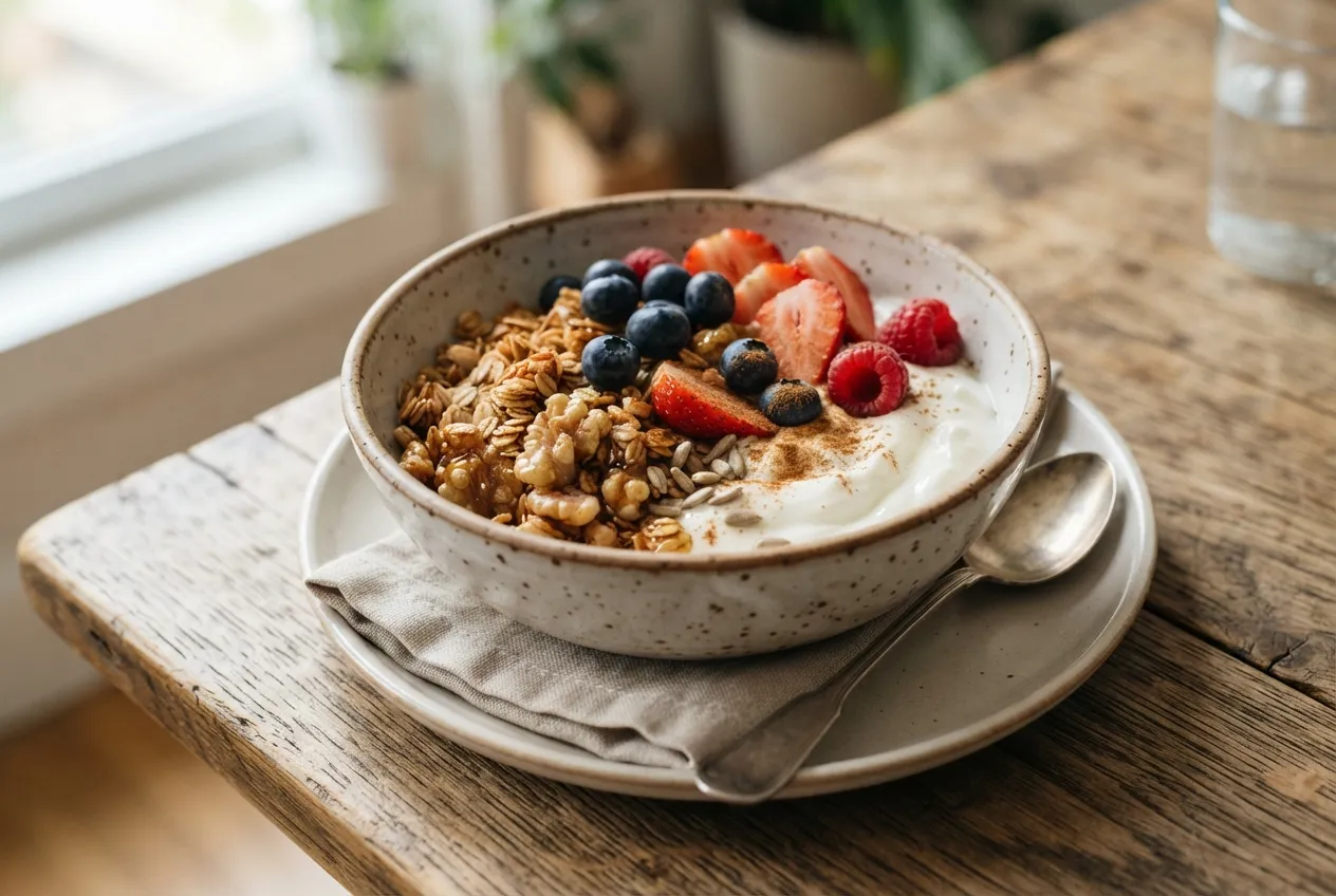 Taza de granola casera con yogur y frutas frescas