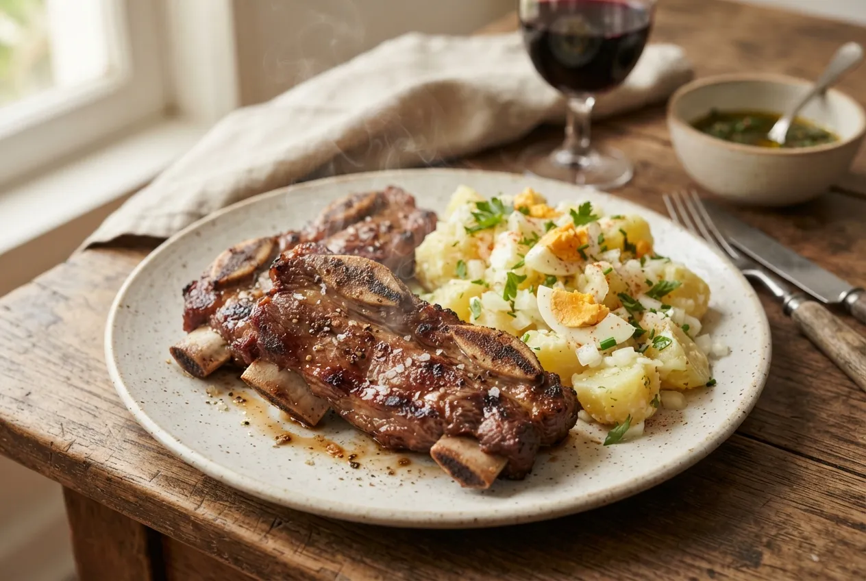 Tiras de asado a la parrilla con ensalada de papa y huevo