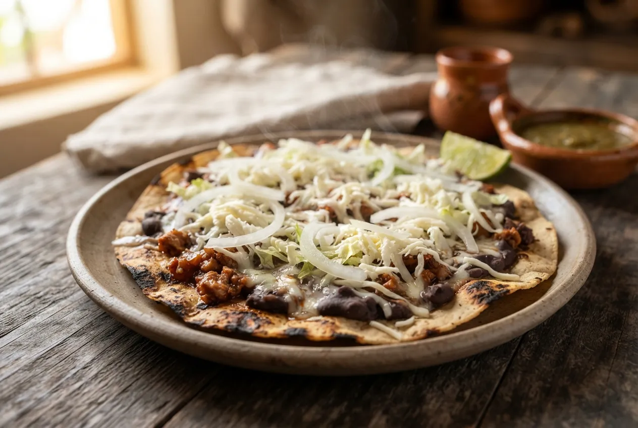 Tlayudas oaxaqueñas con asiento, queso y frijoles refritos
