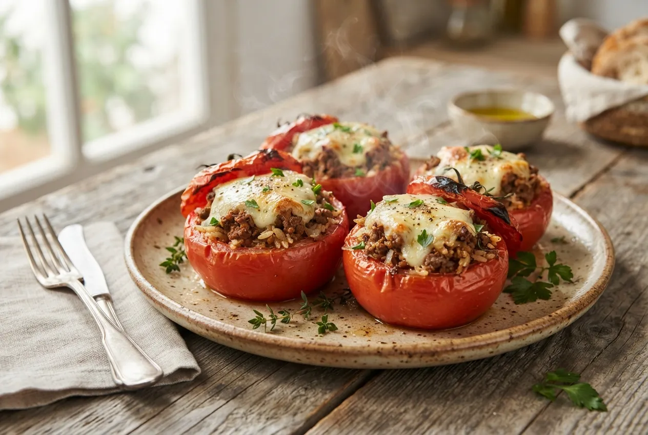 Tomates rellenos con arroz y carne picada al horno