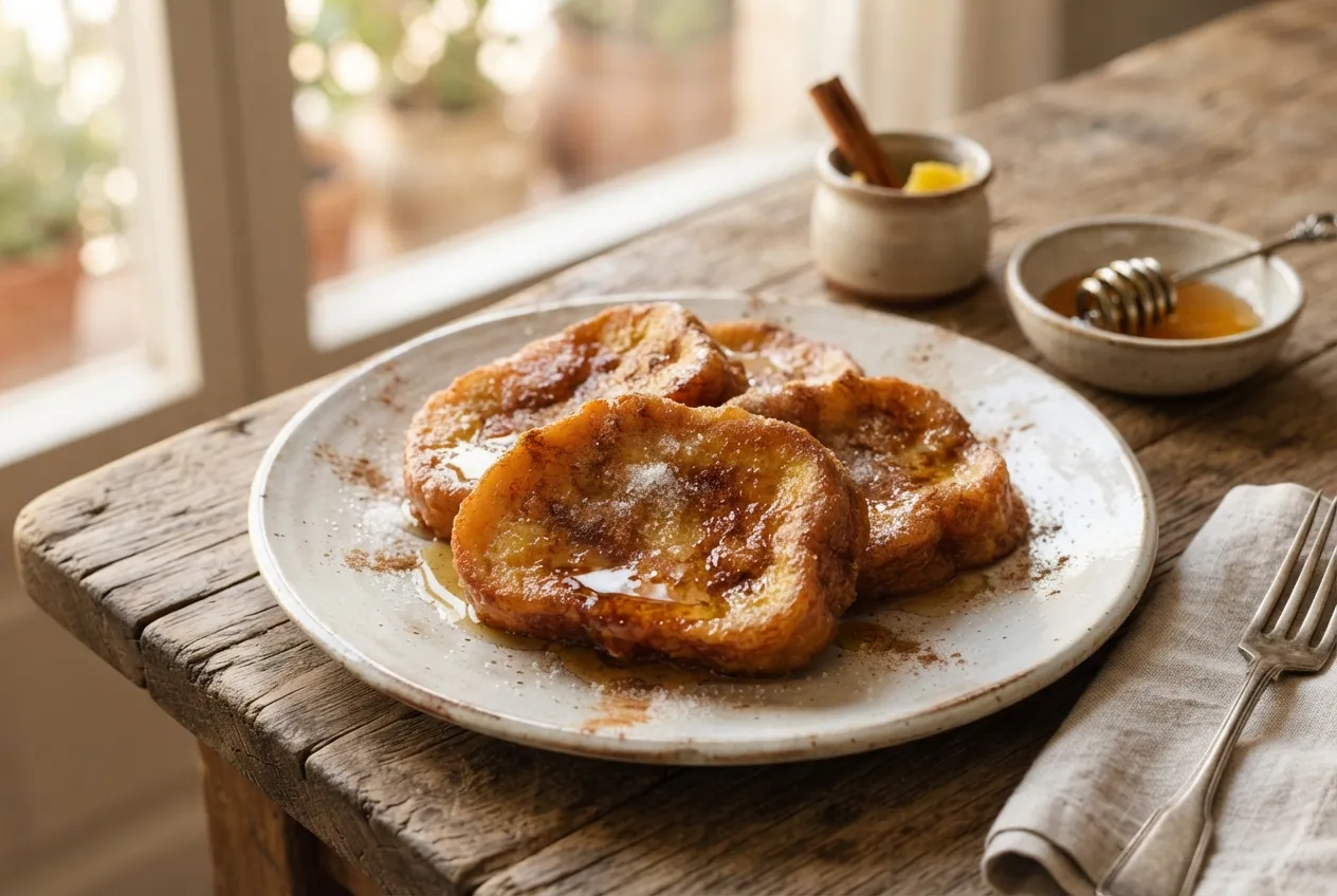 Torrijas tradicionales con miel y azúcar