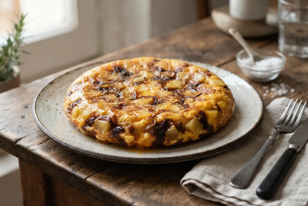 Tortilla española con cebolla caramelizada casera